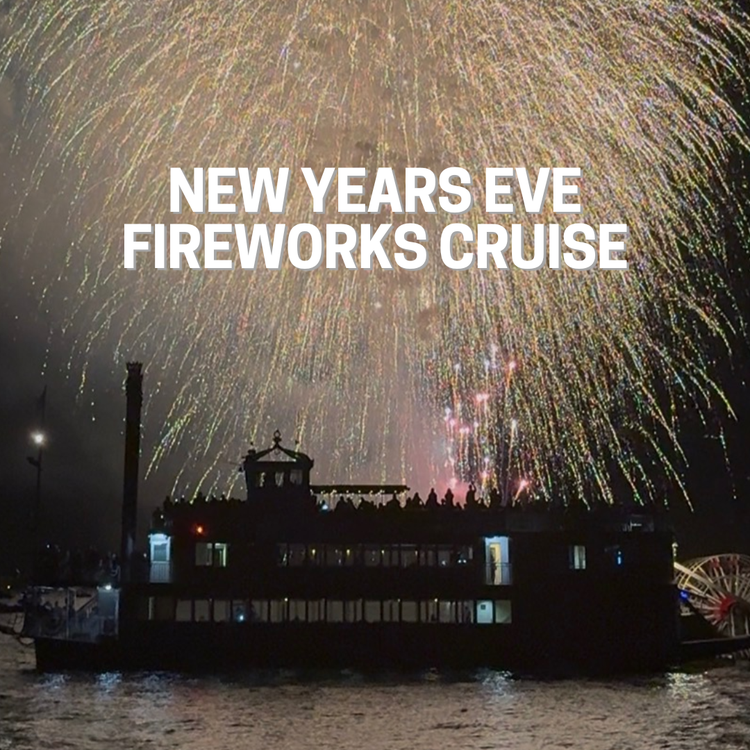 M.S. Dixie II at night with fireworks behind it and copy on top
