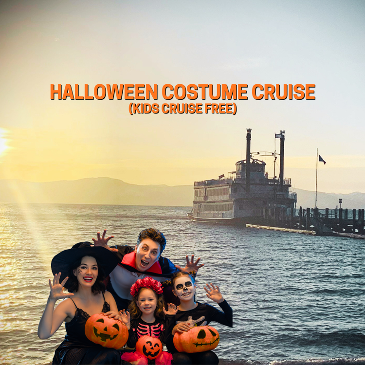 Family in Halloween costumes holding carved pumpkins aboard a Halloween-themed Lake Tahoe cruise, with the M.S. Dixie II paddlewheeler docked at sunset and text reading