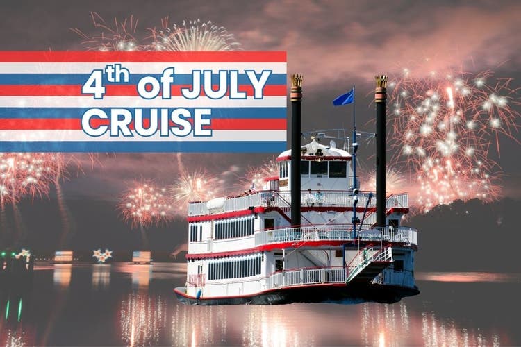 M.S. Dixie II paddlewheel boat cruises across a lake at night while large red, white, and gold fireworks burst in the sky and reflect on the water. A patriotic banner in the upper left corner reads “4th of July Cruise” in red, white, and blue stripes. The boat is decorated with red, white, and blue accents, creating a festive Independence Day celebration scene.