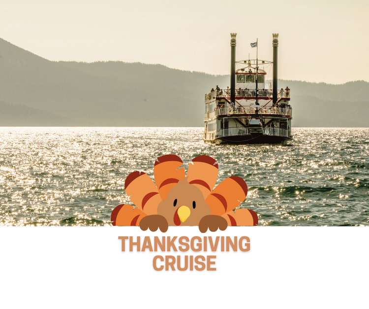 M.S. Dixie II paddlewheel boat cruising on sparkling Lake Tahoe at sunset with a cartoon turkey graphic and
