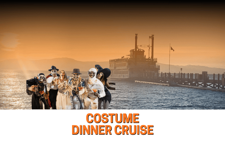 A group of adults in Halloween-style costumes stand together in front of a scenic waterfront. The text