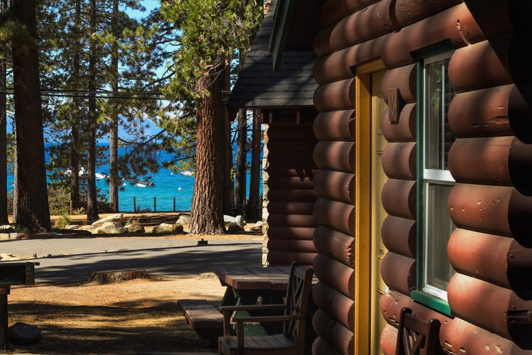 Exterior of Zephyr Cove Resort log cabin